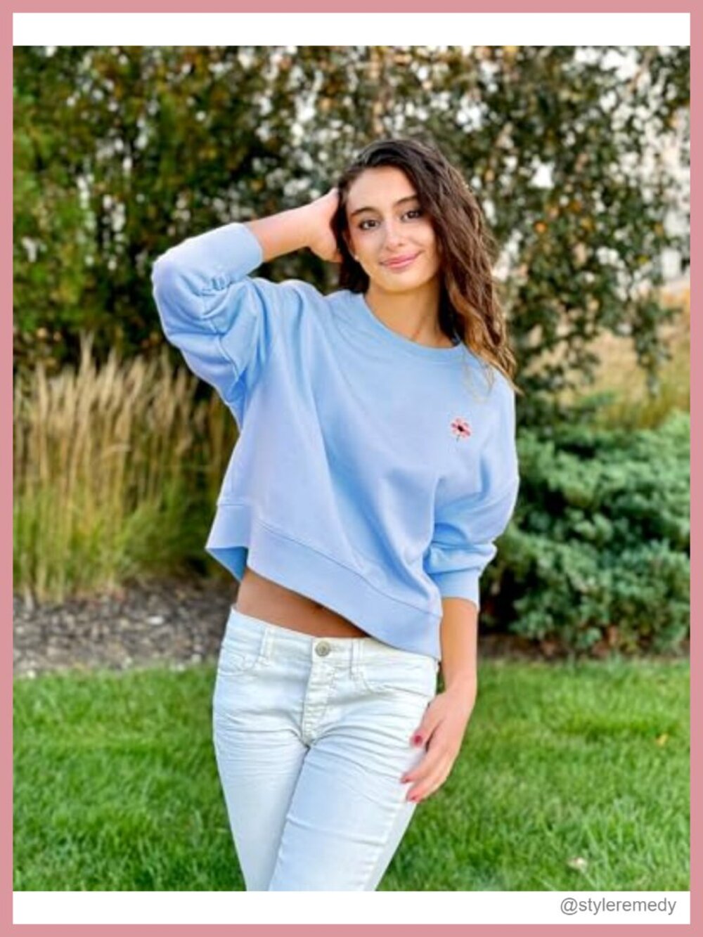 Cropped Crewneck Sweatshirt Oversized Long Sleeve Cotton Pullover - Picture 6 of 6